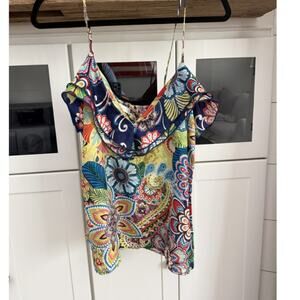 GLAM Tropical Paisley Ruffle Cowl Neck Cami Tank Top Boho Spaghetti Strap